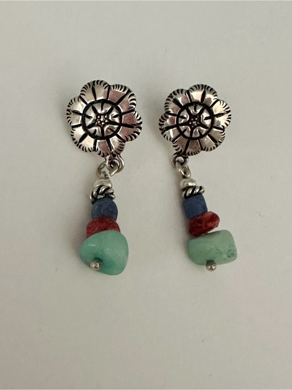 Sterling silver 950 Peru Floral Post Earrings with Turquoise, Red & Blue Beads
